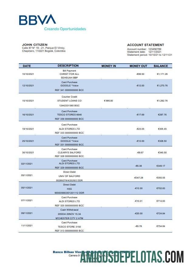Colombia BBVA Bank Staement amostra